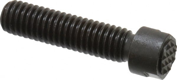 Fairlane - Serrated Tooth, 3/8-16, 1/8" Internal Hex, 1-1/2" Shank Length, 1-1/2" Thread Length, Black Oxide Finish, Round Head, Adjustable Positioning Gripper - 3/8" Pad Diam, 1/2" Hex, 0.15" Head Height, Extra Fine Tooth Grade - Exact Tooling