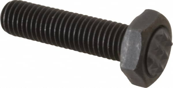 Fairlane - Serrated Tooth, 1/4-28, 1" Shank Length, 7/8" Thread Length, Black Oxide Finish, Hex Head, Adjustable Positioning Gripper - 5/16" Pad Diam, 7/16" Hex, 13/64" Head Height, Extra Fine Tooth Grade - Exact Tooling
