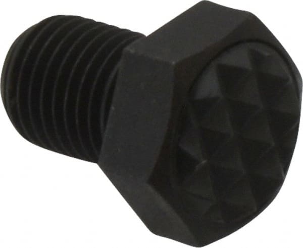 Fairlane - Serrated Tooth, 3/8-24, 1/2" Shank Length, 1/2" Thread Length, Black Oxide Finish, Hex Head, Adjustable Positioning Gripper - 1/2" Pad Diam, 9/16" Hex, 9/32" Head Height, Fine Tooth Grade - Exact Tooling