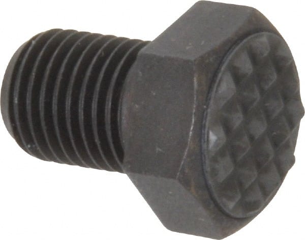 Fairlane - Serrated Tooth, 3/8-24, 1/2" Shank Length, 1/2" Thread Length, Black Oxide Finish, Hex Head, Adjustable Positioning Gripper - 1/2" Pad Diam, 9/16" Hex, 9/32" Head Height, Extra Fine Tooth Grade - Exact Tooling