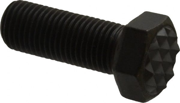 Fairlane - Serrated Tooth, 3/8-24, 1" Shank Length, 1" Thread Length, Black Oxide Finish, Hex Head, Adjustable Positioning Gripper - 1/2" Pad Diam, 9/16" Hex, 9/32" Head Height, Fine Tooth Grade - Exact Tooling