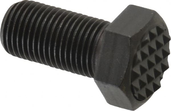 Fairlane - Serrated Tooth, 1/2-20, 1" Shank Length, 1" Thread Length, Black Oxide Finish, Hex Head, Adjustable Positioning Gripper - 5/8" Pad Diam, 3/4" Hex, 23/64" Head Height, Fine Tooth Grade - Exact Tooling