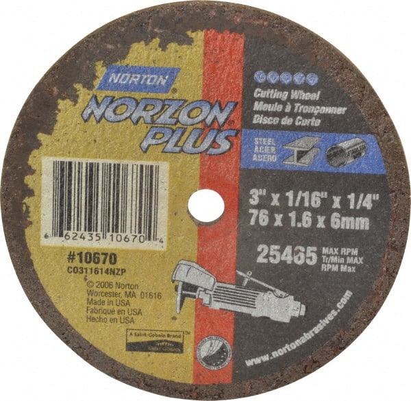 Norton - 3" Ceramic Cutoff Wheel - 1/16" Thick, 1/4" Arbor, 25,465 Max RPM, Use with Die Grinders - Exact Tooling
