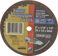 Norton - 3" Ceramic Cutoff Wheel - 1/16" Thick, 1/4" Arbor, 25,465 Max RPM, Use with Die Grinders - Exact Tooling
