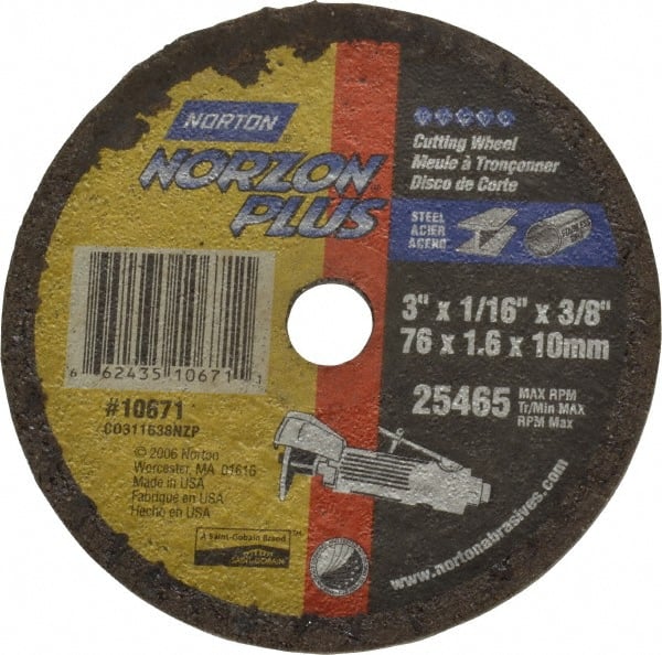 Norton - 3" Ceramic Cutoff Wheel - 1/16" Thick, 3/8" Arbor, 25,465 Max RPM, Use with Die Grinders - Exact Tooling