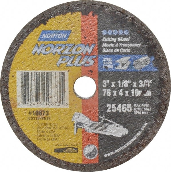 Norton - 3" Ceramic Cutoff Wheel - 1/8" Thick, 3/8" Arbor, 25,465 Max RPM, Use with Die Grinders - Exact Tooling