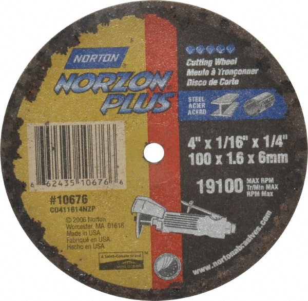 Norton - 4" 36 Grit Ceramic Cutoff Wheel - 1/16" Thick, 1/4" Arbor, 19,100 Max RPM, Use with Die Grinders - Exact Tooling