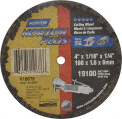 Norton - 4" 36 Grit Ceramic Cutoff Wheel - 1/16" Thick, 1/4" Arbor, 19,100 Max RPM, Use with Die Grinders - Exact Tooling