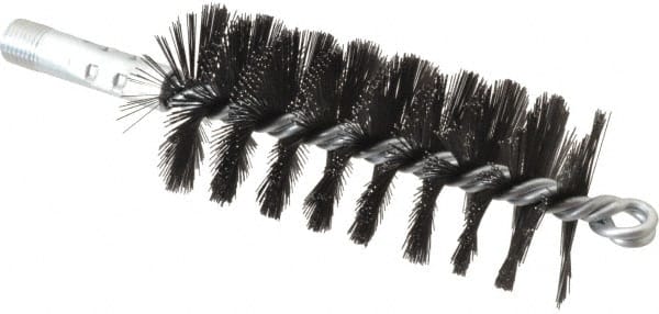 Schaefer Brush - 4-1/2" Brush Length, 2" Diam, Double Stem, Single Spiral Flue Brush - 7-1/2" Long, Tempered Steel Wire, 1/4" NPSM Male Connection - Exact Tooling