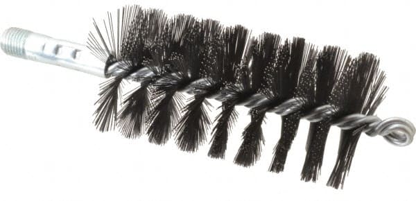 Schaefer Brush - 4-1/2" Brush Length, 2-1/4" Diam, Double Stem, Single Spiral Flue Brush - 7-1/2" Long, Tempered Steel Wire, 1/4" NPSM Male Connection - Exact Tooling