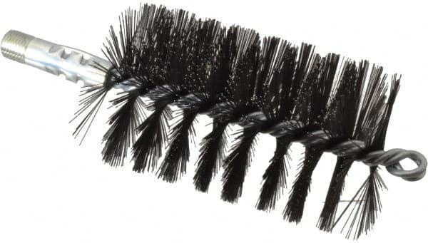 Schaefer Brush - 4-1/2" Brush Length, 2-3/4" Diam, Double Stem, Single Spiral Flue Brush - 7-1/2" Long, Tempered Steel Wire, 1/4" NPSM Male Connection - Exact Tooling