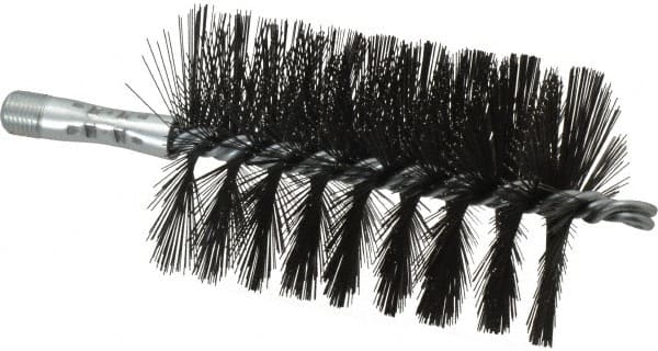 Schaefer Brush - 4-1/2" Brush Length, 3" Diam, Double Stem, Single Spiral Flue Brush - 7-1/2" Long, Tempered Steel Wire, 1/4" NPSM Male Connection - Exact Tooling