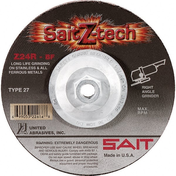 Sait - 24 Grit, 4-1/2" Wheel Diam, 1/4" Wheel Thickness, Type 27 Depressed Center Wheel - Zirconia Alumina, Resinoid Bond, R Hardness, 13,300 Max RPM, Compatible with Angle Grinder - Exact Tooling
