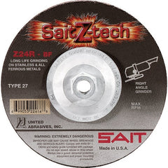 Sait - 24 Grit, 7" Wheel Diam, 1/4" Wheel Thickness, Type 27 Depressed Center Wheel - Zirconia Alumina, Resinoid Bond, R Hardness, 8,500 Max RPM, Compatible with Angle Grinder - Exact Tooling
