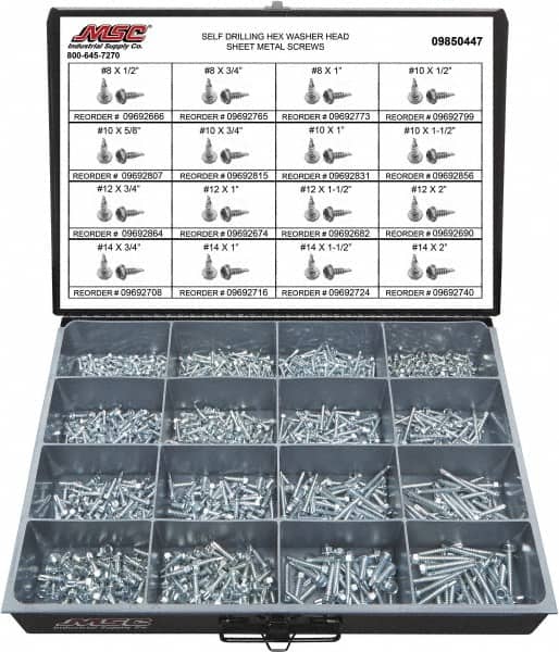 Value Collection - 1,025 Piece, #8x3/4 to 1/4x2, Steel Sheet Metal Screw Assortment - Hex Washer Head, Hex Drive, 1/2 to 2" Long, Zinc-Plated Finish - Exact Tooling