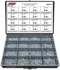 Value Collection - 1,025 Piece, #8x3/4 to 1/4x2, Steel Sheet Metal Screw Assortment - Hex Washer Head, Hex Drive, 1/2 to 2" Long, Zinc-Plated Finish - Exact Tooling