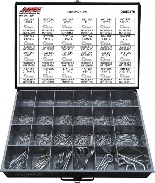 Value Collection - 359 Piece, 1/8 to 1" Pin Diam, Hitch Pin Assortment - 1/16 to 7/8" Long, Spring Wire, Zinc Plated - Exact Tooling