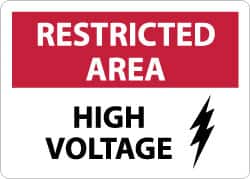 NMC - "Restricted Area - High Voltage", 10" Long x 14" Wide, Aluminum Safety Sign - Rectangle, 0.04" Thick, Use for Accident Prevention - Exact Tooling