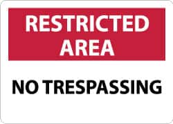 NMC - "Restricted Area - No Trespassing", 10" Long x 14" Wide, Rigid Plastic Safety Sign - Rectangle, 0.05" Thick, Use for Security & Admittance - Exact Tooling