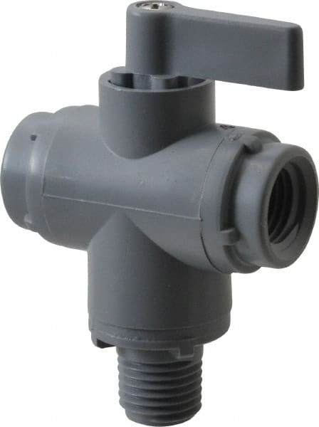 Specialty Mfr - 1/4" Pipe, PVC Standard Ball Valve - Three Way, MNPT x FNPT x FNPT Ends, Wedge Handle, 125 WOG - Exact Tooling