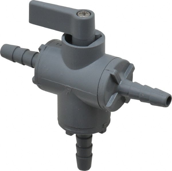 Specialty Mfr - 1/4" Pipe, PVC Standard Ball Valve - Three Way, Barbed x Barbed x Barbed Ends, Wedge Handle, 125 WOG - Exact Tooling