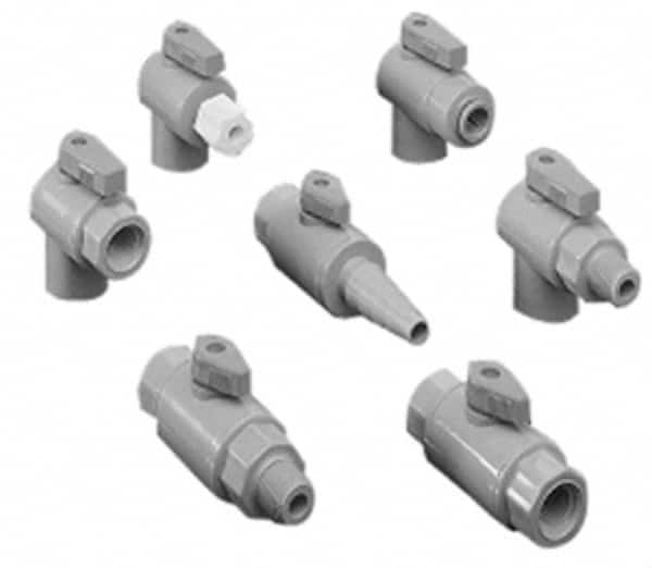 Specialty Mfr - 1/4 x 3/8" Pipe, PVC Standard Ball Valve - Right Angle, MNPT x Push-to-Connect Ends, Wedge Handle, 125 WOG - Exact Tooling