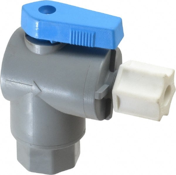 Specialty Mfr - 1/4" Pipe, PVC Standard Ball Valve - Right Angle, FNPT x Compression Ends, Wedge Handle, 125 WOG - Exact Tooling