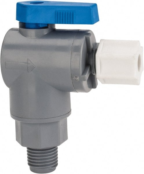 Specialty Mfr - 1/4" Pipe, PVC Standard Ball Valve - Right Angle, MNPT x Compression Ends, Wedge Handle, 125 WOG - Exact Tooling