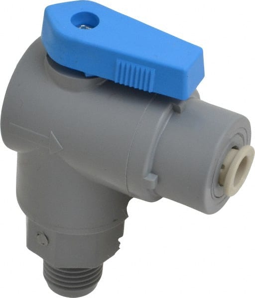 Specialty Mfr - 1/4" Pipe, PVC Standard Ball Valve - Right Angle, MNPT x Push-to-Connect Ends, Wedge Handle, 125 WOG - Exact Tooling