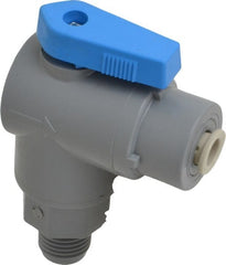 Specialty Mfr - 1/4" Pipe, PVC Standard Ball Valve - Right Angle, MNPT x Push-to-Connect Ends, Wedge Handle, 125 WOG - Exact Tooling