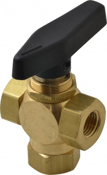 Specialty Mfr - 1/4" Pipe, Brass Standard Ball Valve - Three Way, FNPT x FNPT x FNPT Ends, Wedge Handle, 400 WOG - Exact Tooling