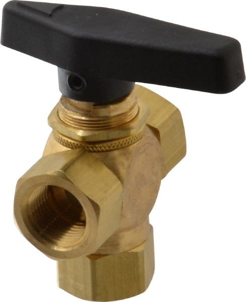 Specialty Mfr - 3/8" Pipe, Brass Standard Ball Valve - Three Way, FNPT x FNPT x FNPT Ends, Wedge Handle, 400 WOG - Exact Tooling