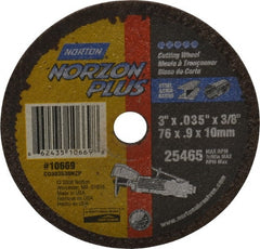 Norton - 3" Ceramic Cutoff Wheel - 0.035" Thick, 3/8" Arbor, 25,465 Max RPM, Use with Die Grinders - Exact Tooling