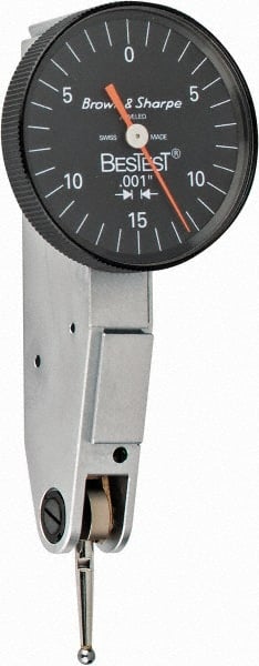 TESA Brown & Sharpe - 0.03 Inch Range, 0.001 Inch Dial Graduation, Horizontal Dial Test Indicator - 1 Inch Black Dial, 0-15-0 Dial Reading - Exact Tooling