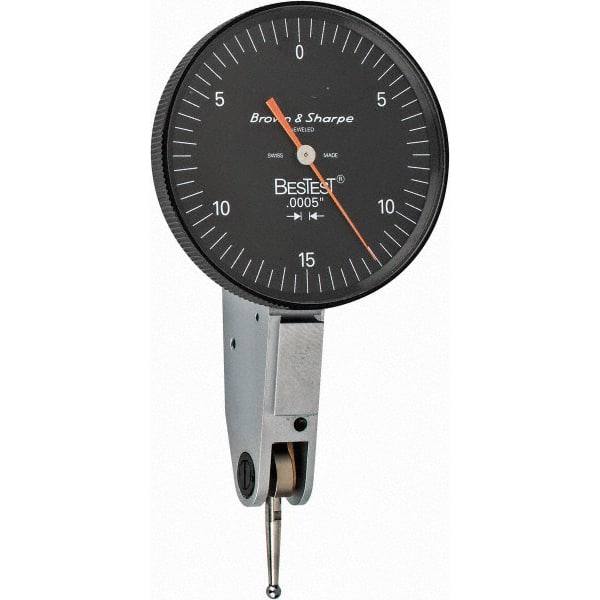 TESA Brown & Sharpe - 0.03 Inch Range, 0.0005 Inch Dial Graduation, Horizontal Dial Test Indicator - 1-1/2 Inch Black Dial, 0-15-0 Dial Reading - Exact Tooling