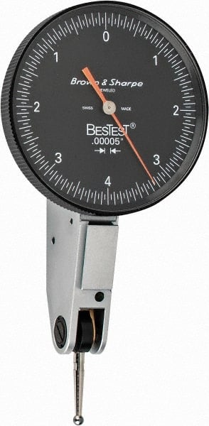 TESA Brown & Sharpe - 0.008 Inch Range, 0 Inch Dial Graduation, Horizontal Dial Test Indicator - 1-1/2 Inch Black Dial, 0-4-0 Dial Reading - Exact Tooling