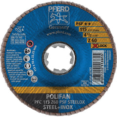 PFERD - Flap Discs; Abrasive Type: Coated ; Flap Disc Type: Type 29 ; Disc Diameter (Inch): 4-1/2 ; Abrasive Material: Zirconia Alumina ; Grit: 60 ; Attaching System: Quick Change X-Lock - Exact Tooling