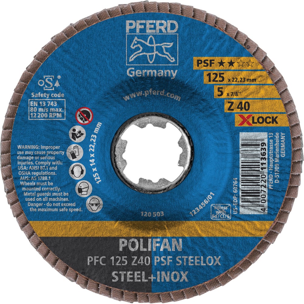 PFERD - Flap Discs; Abrasive Type: Coated ; Flap Disc Type: Type 29 ; Disc Diameter (Inch): 5 ; Abrasive Material: Zirconia Alumina ; Grit: 40 ; Attaching System: Quick Change X-Lock - Exact Tooling