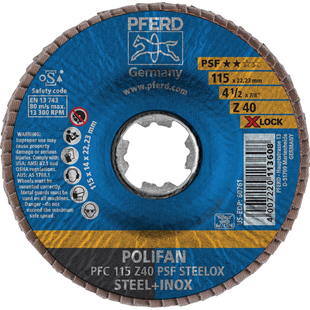 PFERD - Flap Discs; Abrasive Type: Coated ; Flap Disc Type: Type 29 ; Disc Diameter (Inch): 4-1/2 ; Abrasive Material: Zirconia Alumina ; Grit: 40 ; Attaching System: Quick Change X-Lock - Exact Tooling