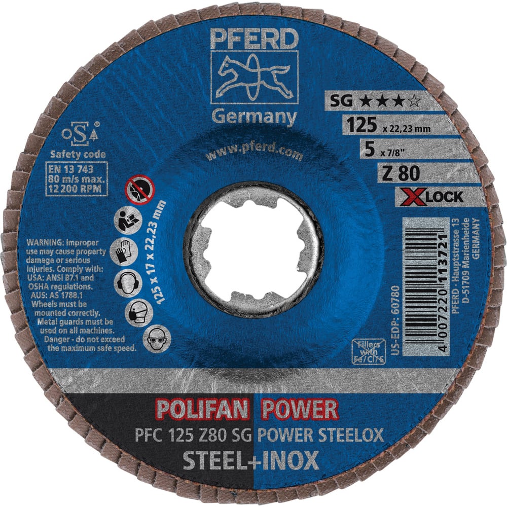 PFERD - Flap Discs; Abrasive Type: Coated ; Flap Disc Type: Type 29 ; Disc Diameter (Inch): 5 ; Abrasive Material: Zirconia Alumina ; Grit: 80 ; Attaching System: Quick Change X-Lock - Exact Tooling