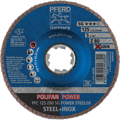 PFERD - Flap Discs; Abrasive Type: Coated ; Flap Disc Type: Type 29 ; Disc Diameter (Inch): 5 ; Abrasive Material: Zirconia Alumina ; Grit: 80 ; Attaching System: Quick Change X-Lock - Exact Tooling