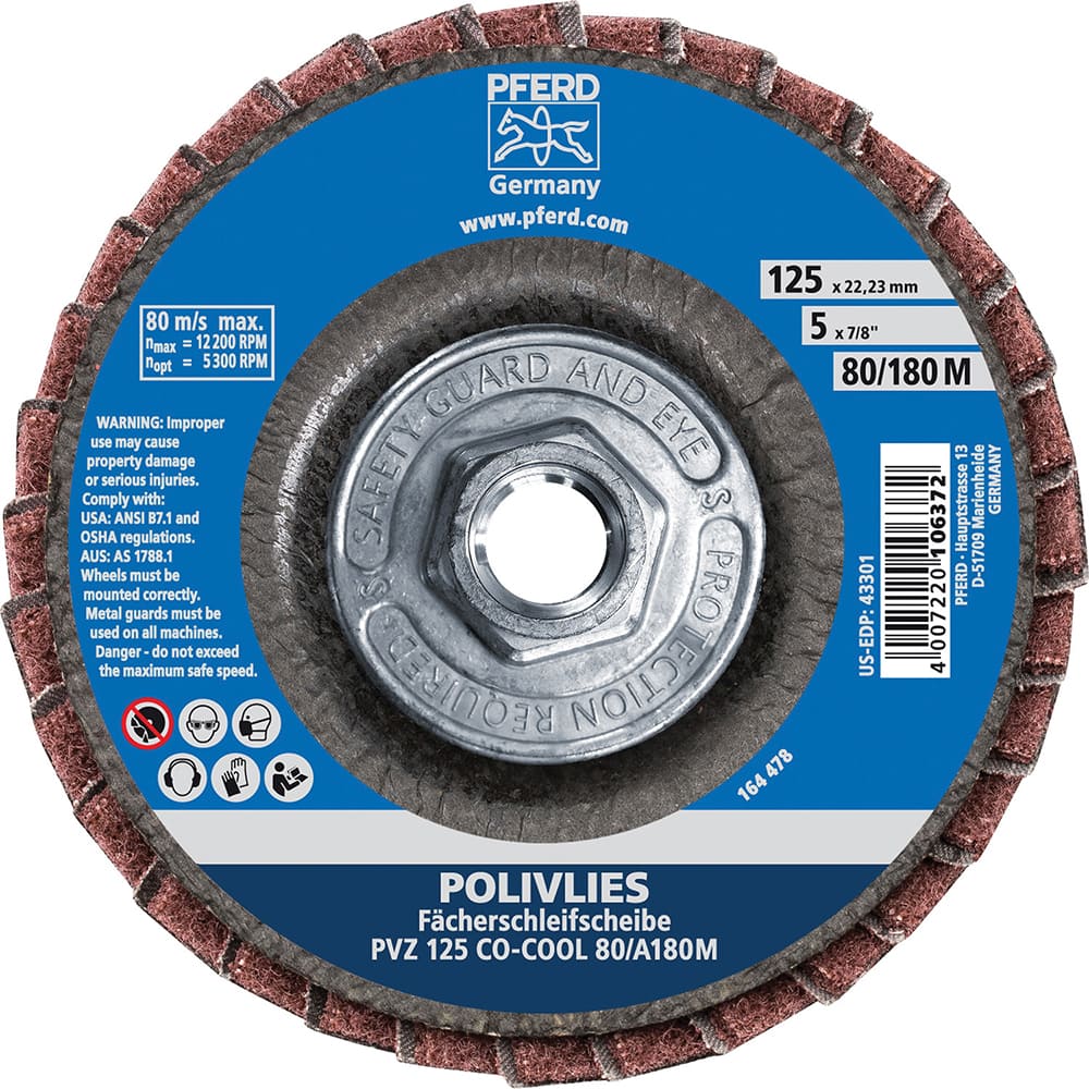 PFERD - Flap Discs; Abrasive Type: Coated & Non-Woven Combo ; Flap Disc Type: Compact ; Disc Diameter (Inch): 5 ; Abrasive Material: Ceramic Oxide ; Grit: 80 ; Attaching System: Hub - Exact Tooling