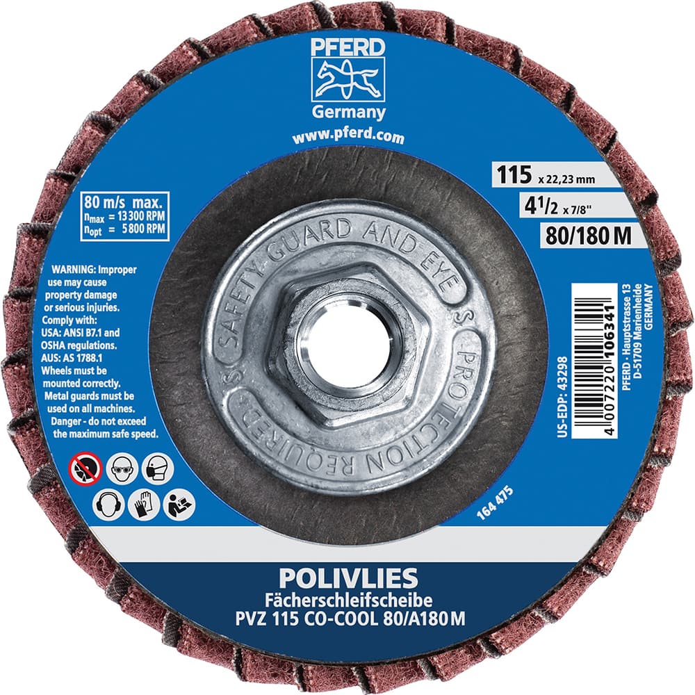 PFERD - Flap Discs; Abrasive Type: Coated & Non-Woven Combo ; Flap Disc Type: Compact ; Disc Diameter (Inch): 4-1/2 ; Abrasive Material: Ceramic Oxide ; Grit: 80 ; Attaching System: Hub - Exact Tooling