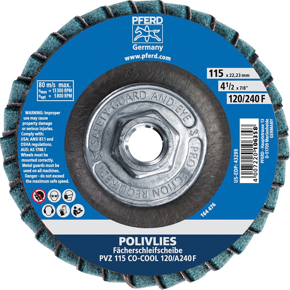 PFERD - Flap Discs; Abrasive Type: Coated & Non-Woven Combo ; Flap Disc Type: Compact ; Disc Diameter (Inch): 4-1/2 ; Abrasive Material: Ceramic Oxide ; Grit: 120 ; Attaching System: Hub - Exact Tooling