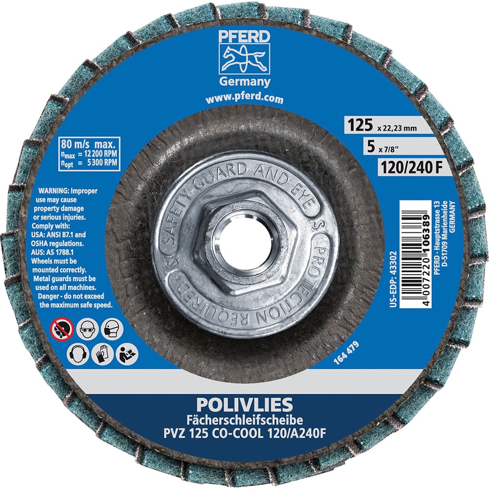 PFERD - Flap Discs; Abrasive Type: Coated & Non-Woven Combo ; Flap Disc Type: Compact ; Disc Diameter (Inch): 5 ; Abrasive Material: Ceramic Oxide ; Grit: 120 ; Attaching System: Hub - Exact Tooling