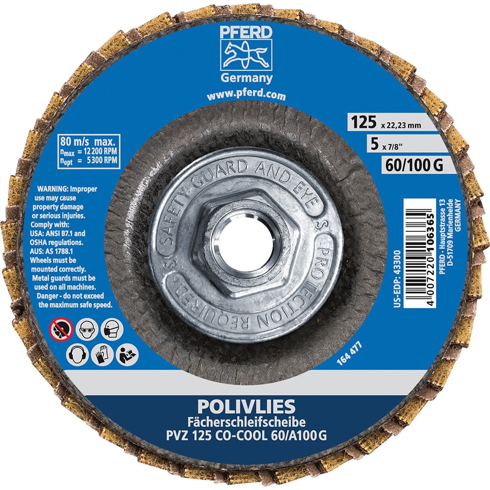 PFERD - Flap Discs; Abrasive Type: Coated & Non-Woven Combo ; Flap Disc Type: Compact ; Disc Diameter (Inch): 5 ; Abrasive Material: Ceramic Oxide ; Grit: 60 ; Attaching System: Hub - Exact Tooling