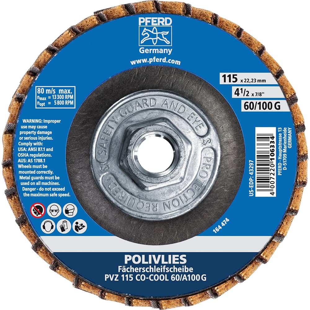 PFERD - Flap Discs; Abrasive Type: Coated & Non-Woven Combo ; Flap Disc Type: Compact ; Disc Diameter (Inch): 4-1/2 ; Abrasive Material: Ceramic Oxide ; Grit: 60 ; Attaching System: Hub - Exact Tooling
