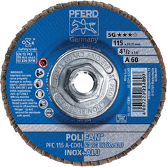 PFERD - Flap Discs; Abrasive Type: Coated ; Flap Disc Type: Type 29 ; Disc Diameter (Inch): 4-1/2 ; Abrasive Material: Aluminum Oxide ; Grit: 60 ; Attaching System: Threaded Hole - Exact Tooling