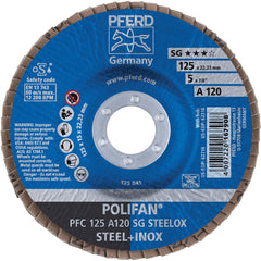 PFERD - Flap Discs; Abrasive Type: Coated ; Flap Disc Type: Type 29 ; Disc Diameter (Inch): 5 ; Abrasive Material: Aluminum Oxide ; Grit: 120 ; Attaching System: Arbor - Exact Tooling