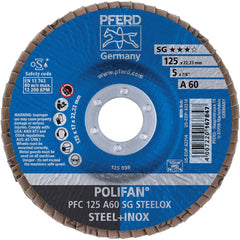 PFERD - Flap Discs; Abrasive Type: Coated ; Flap Disc Type: Type 29 ; Disc Diameter (Inch): 5 ; Abrasive Material: Aluminum Oxide ; Grit: 60 ; Attaching System: Arbor - Exact Tooling